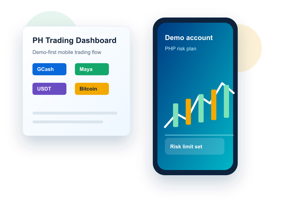 Mobile trading dashboard mockup with GCash, Maya, USDT and Bitcoin payment context